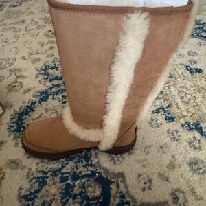 UGG Chestnut/Tan Suede Tall Boots with Cream Shearling Trim